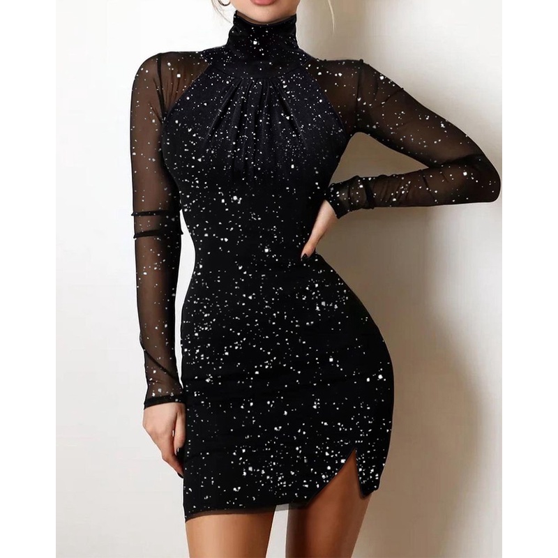 All Chic Long Sleeve Glittery Mesh Mini Dress (Black)
