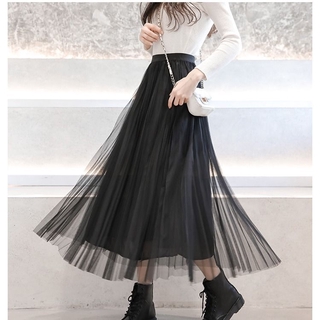 2021New Mesh Skirt Long High Waist Skirt Fashion Women Double Layer Pleated  Long Maxi Skirt