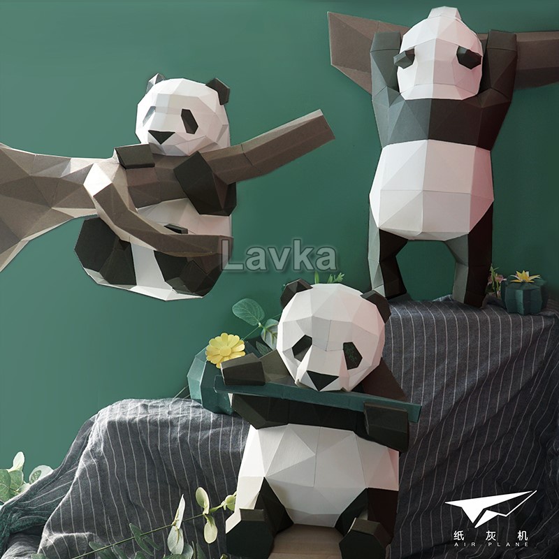 Diy paper panda handmade papercraft 3 pandas 3d decoration for the wall ...