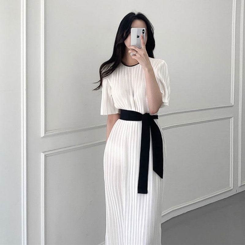 Korean Chic Elegant round Neck Pleated Design Loose Lace-up Waist-Tight ...
