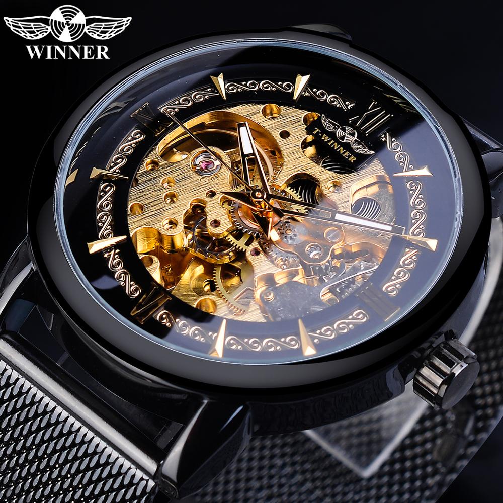 WINNER Classic Men Mechanical Watch Skeleton Black Golden Slim Analog ...