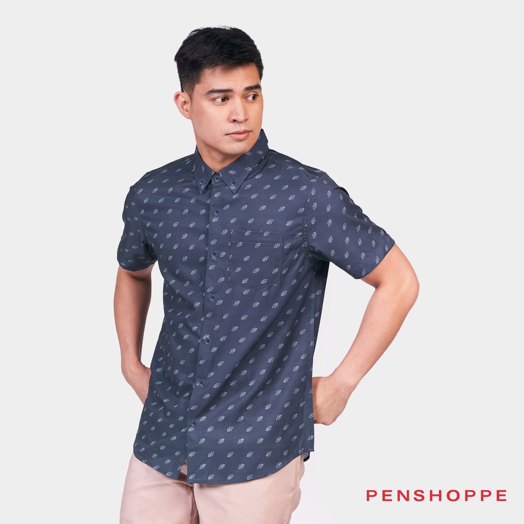 Penshoppe Easy Iron All Over Print Shirt For Men (Blue/Olive) | Shopee ...