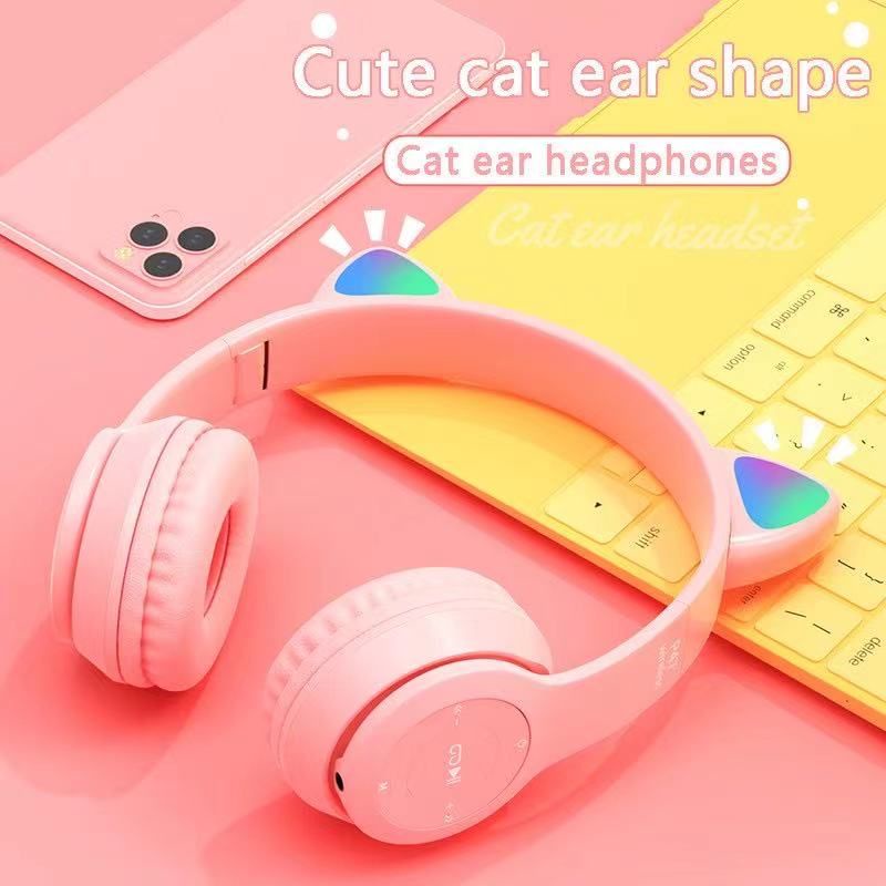 RGB Headset Wireless Bluetooth Cat Ear Headphones with Mic Built in