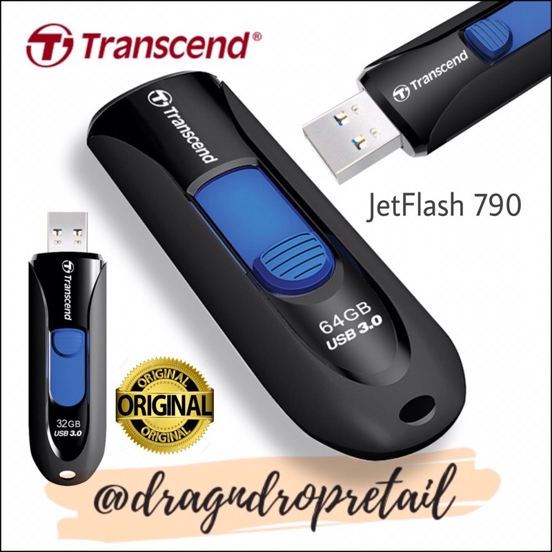 Transcend JetFlash 790 USB 3.0 Flash Drive 64GB 32GB 16GB JF790 (Black ...