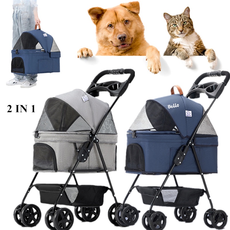COD]Pet Stroller 2In1 Detachable Carrier Dog Cat 4 Wheel with