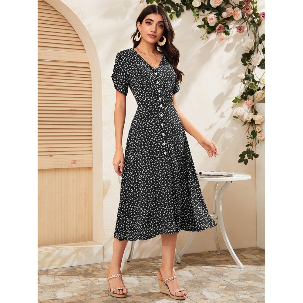 Y454 Miss M Fashion Ditsy Floral Button Down Elegant Dress | Shopee ...