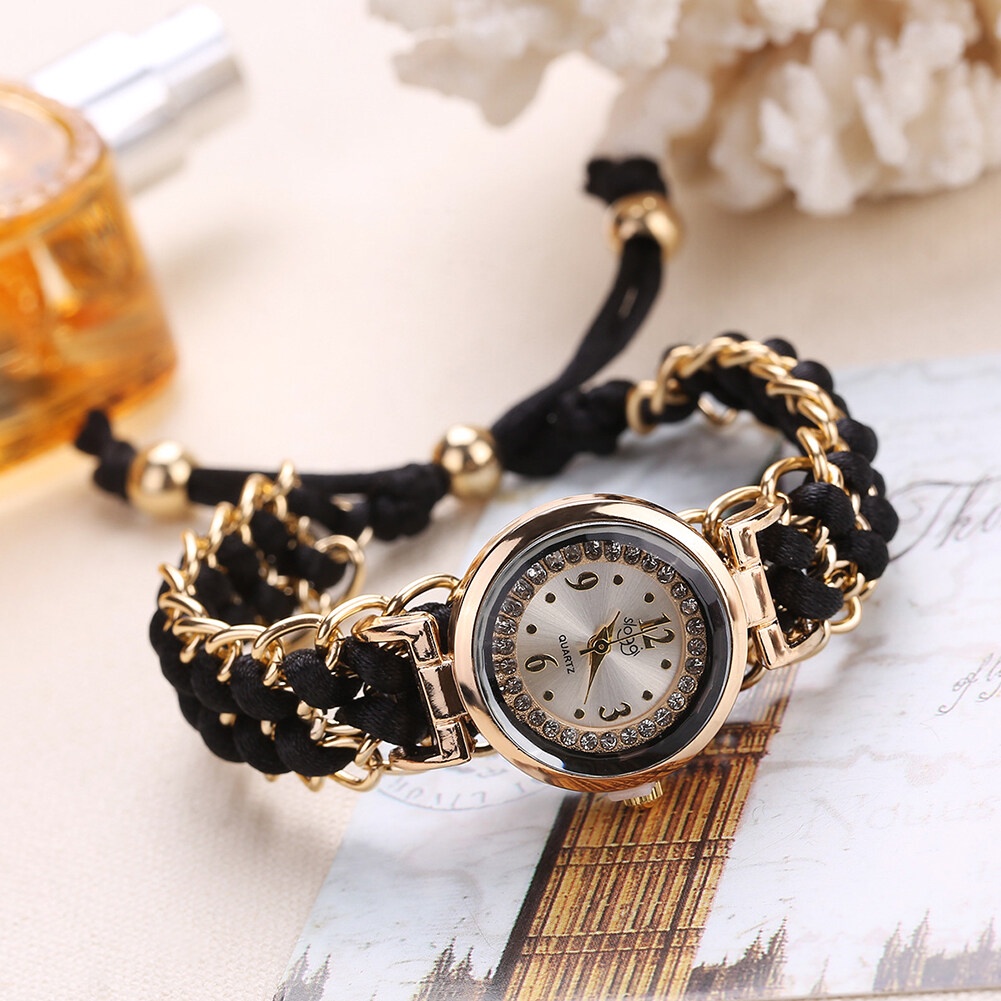 Talent Star Fashion Women Rhinestone Braided Rope Band Bracelet Quartz  Analog Wrist Watch