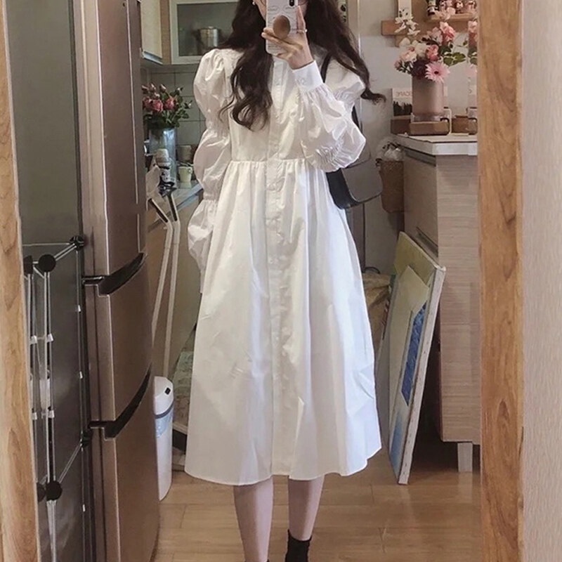 Korean Style Loose White Women Dress Long Sleeve Pleated Design A-line Shirt  Midi Dress | Shopee Philippines
