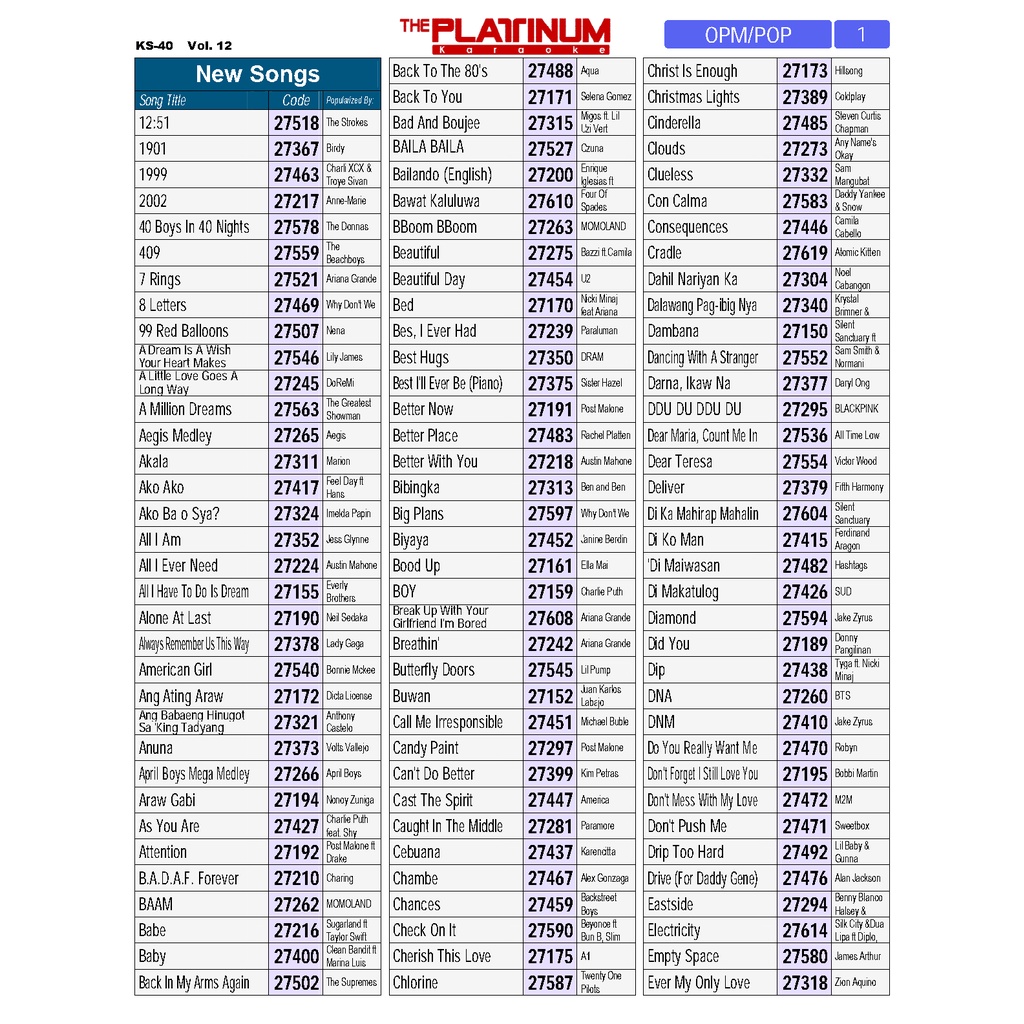 Volume 12, 14, 15, 16, 17, 18, 19, 20, 21 Songlists of Platinum KS-5 ...