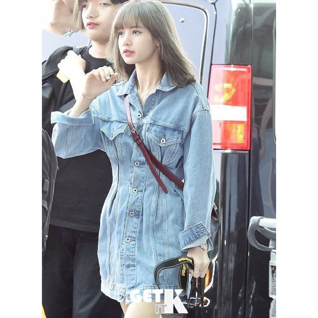 Blackpink Lisa Europe Retro BF Style Loose Oversize Denim Jacket Midi Dress