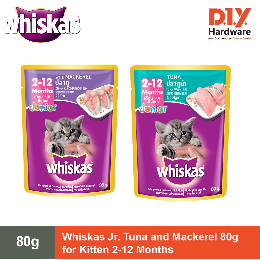 Whiskas Jr. Cat Food 80g for Kitten 2-12 Months Mackerel | Tuna Flavor ...