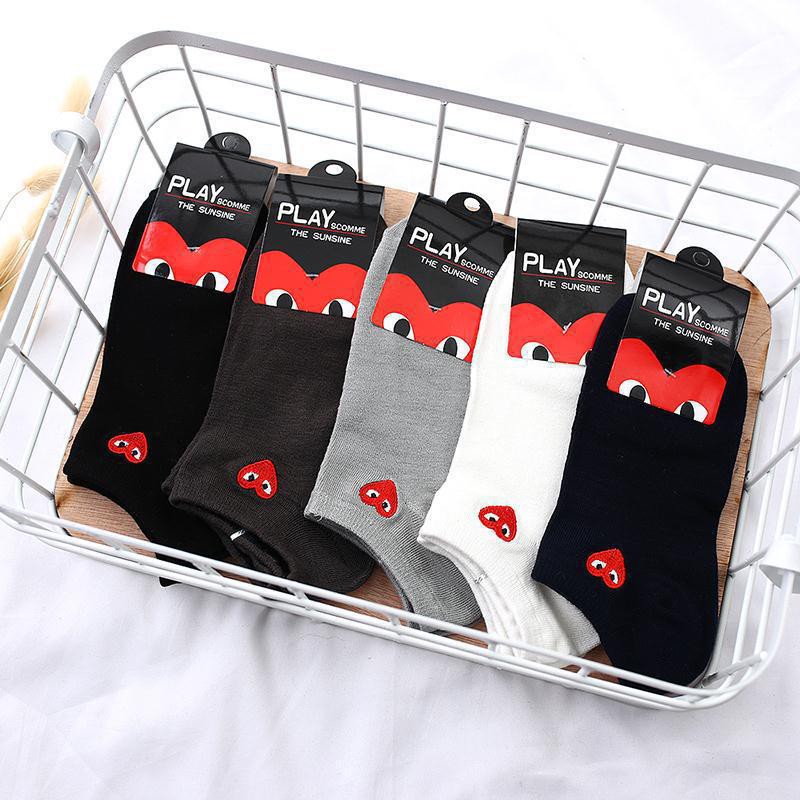 5 PCS CDG HEART COTTON SOCKS Shallow Socks Boat Socks Black White Gray