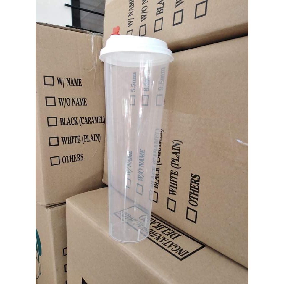 Plastic Cups Milk Tea Cups 1 Liter Slim Hard Cup With Heart Lids Cups 90mm 50 Pcs White 0899