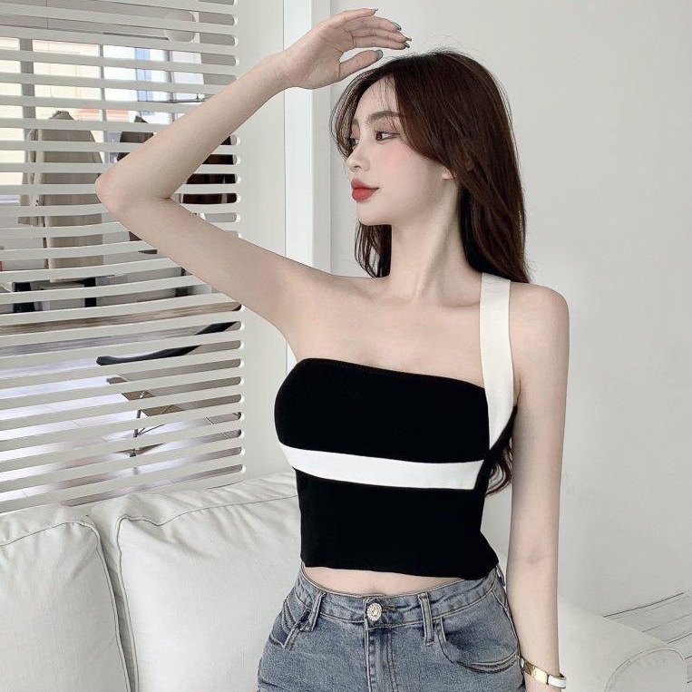 color-matching suspender vest women sexy diagonal shoulder exposed ...