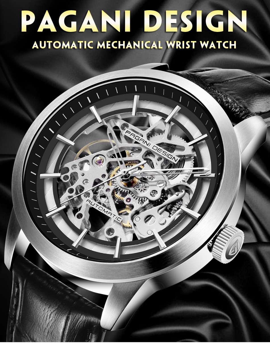 Pagani Design 1638 automatisch herenhorloge, 43 mm, skelet, saffierglas, behuizing van roestvrij staal, leren armband, luxe sporthorloge, Koperbruin, Luxe Sport