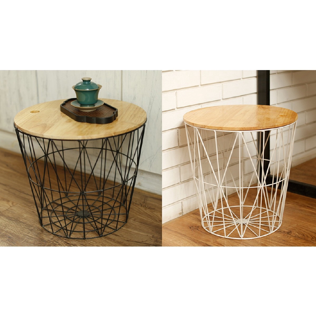 COD White Black Metal Wire Basket Wooden Top Side Table Storage Loft