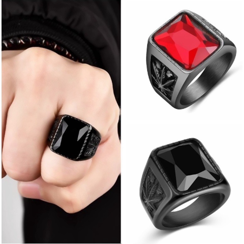 Trendy Men Square Black Red Stone Ring Retro Signet Ring Rock Punk Male ...