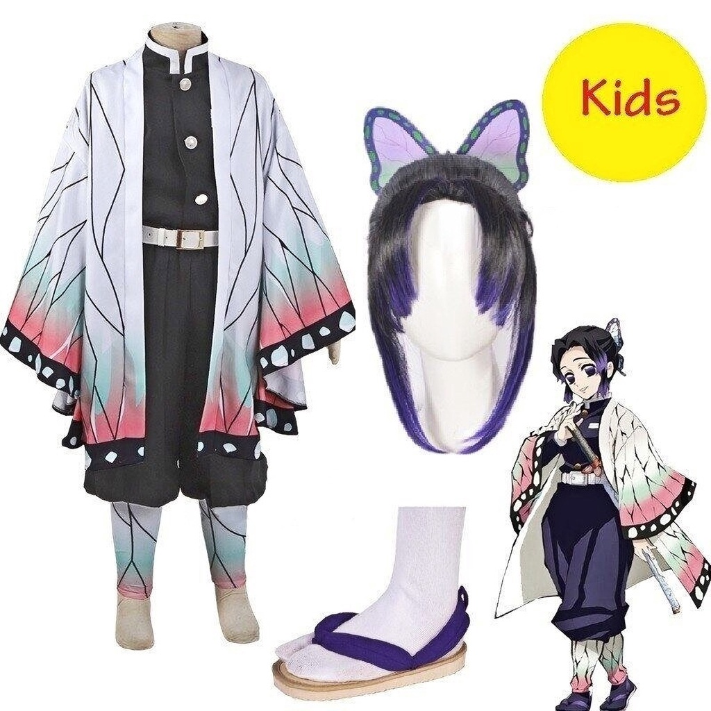 Anime Demon Slayer Kimetsu no Yaiba Kochou Shinobu Cosplay Costume kid girl  Kimono Uniform Halloween Christmas Party Wig