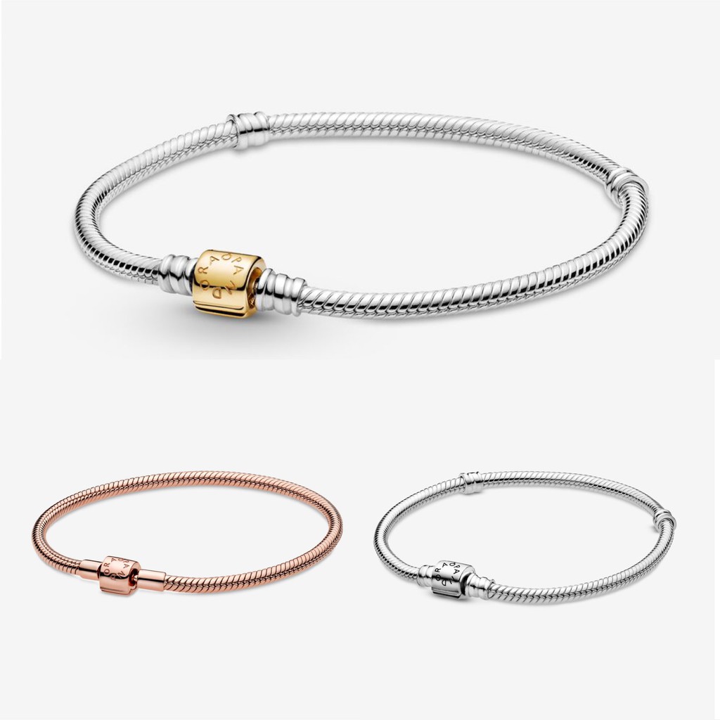 MOMENTS】 PAN Moments Two-tone Barrel Clasp Snake Chain Bracelet 925 silver  rose gold charm bracelet