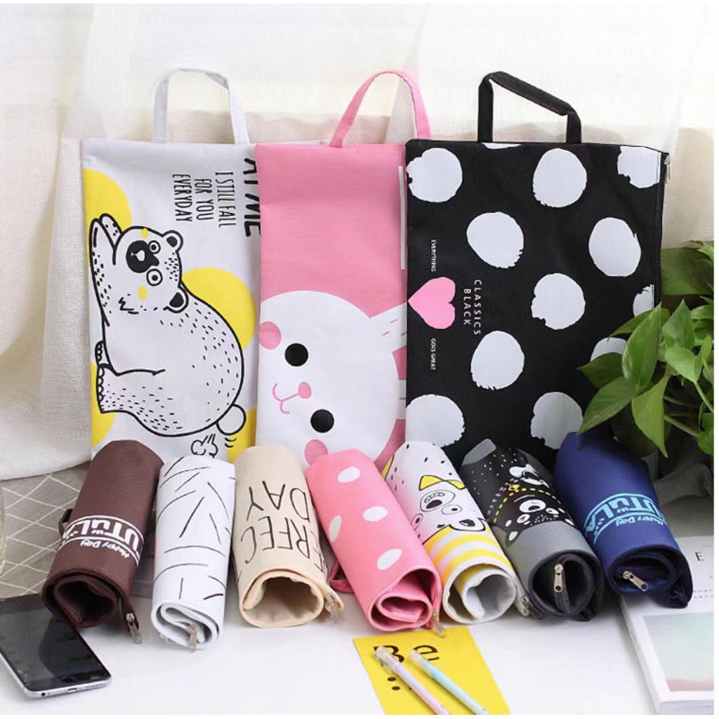 Cartoon zipper large capacity A4 file bag student tote bag female ...