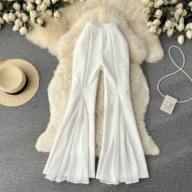 New Women Mesh Irregular Stitching Flared Pants Fashoin High Waist Slim ...