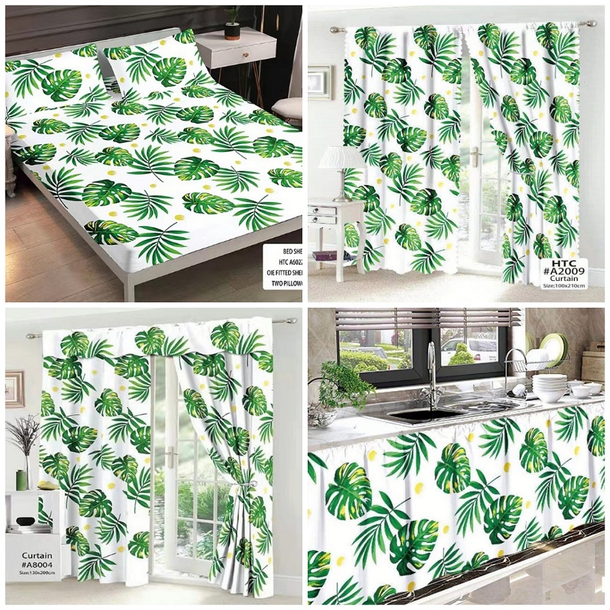 New Kurtina Leaf Design White Green Window Curtains Door Curtain Lababo