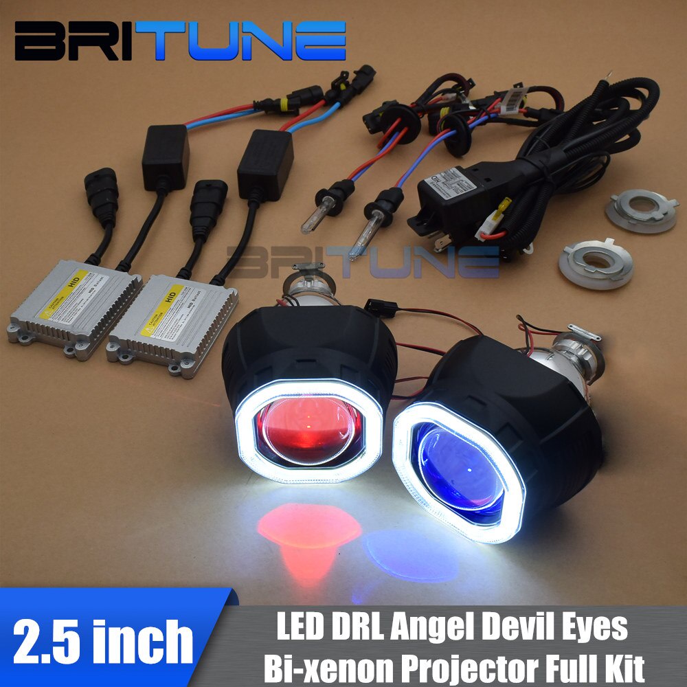 H4 H7 Headlight Mini Projector H1 2.5 Inch Lens Angel Devil Eyes Bi ...