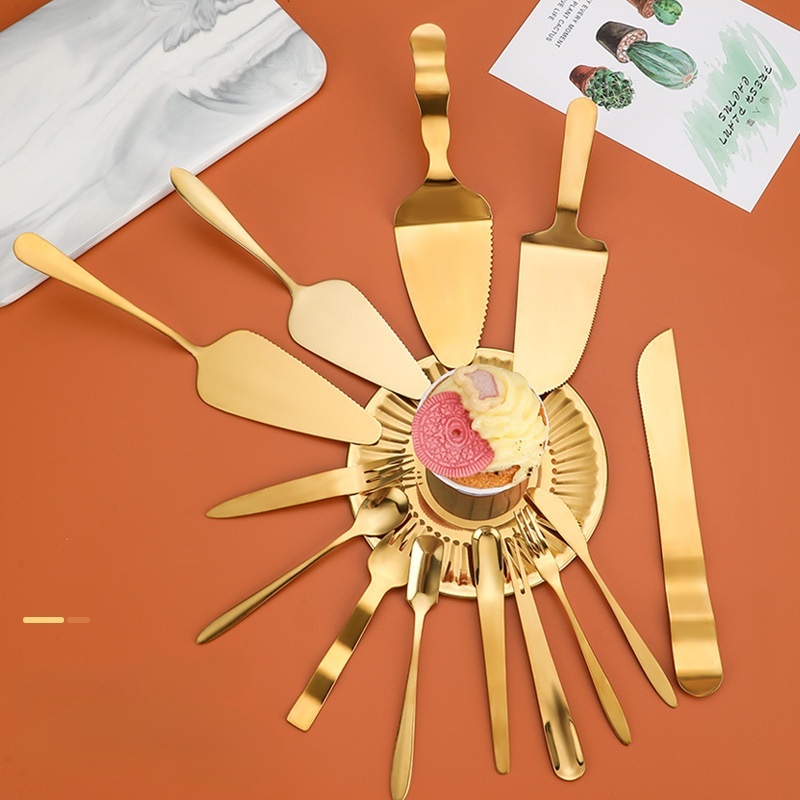 Golden Stainless Steel Dessert Fork Knife Cake Shovel spatula Cake Tray