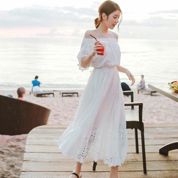 Ready Stock Cotton Usually Wearable Light Luxury Banquet Dress Temperament  Bohemian Long Skirt Female Summer White Beach Seaside Vacation Tube Top  One-Shoulder