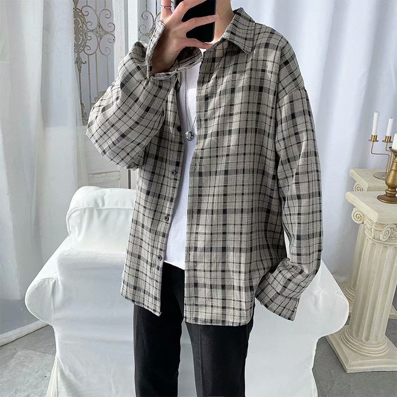 insfashion plaid shirt Long sleeved shirt Men Loose Polo shirt