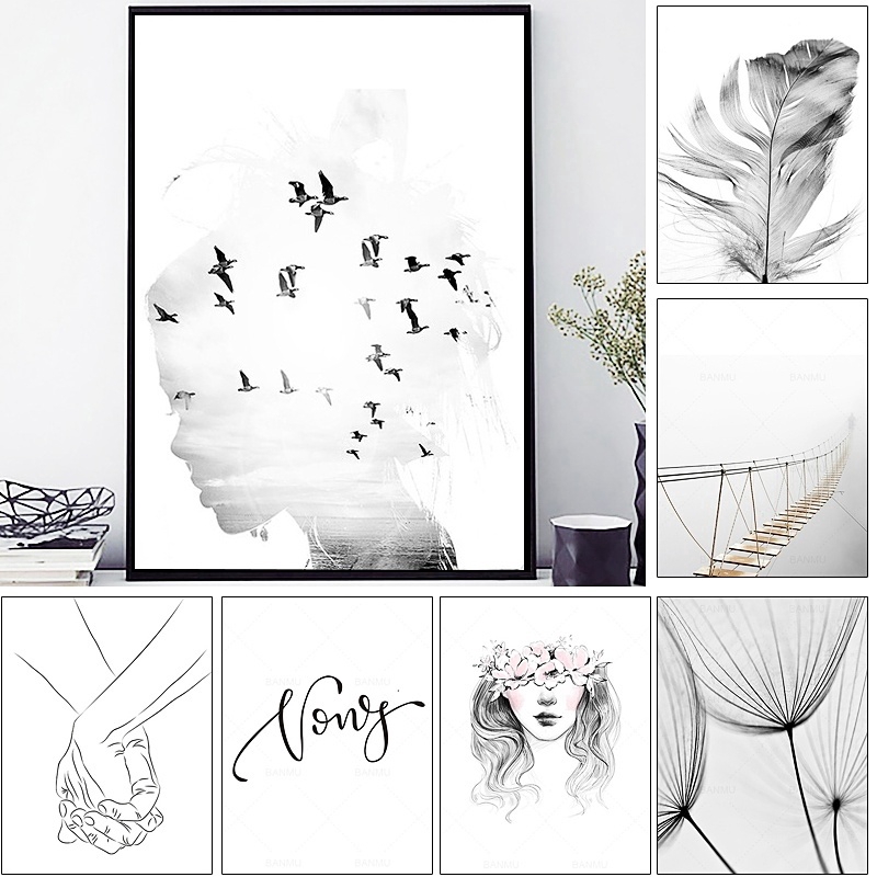 black and white Romantic Feather Birds Posters Wall Art Canvas Painting ...