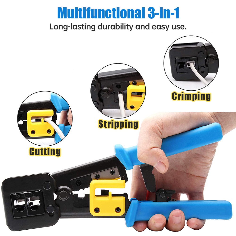 AMPCOM RJ45 Crimp Tool Pass Through Cat5 Cat5e Cat6 Crimper Cutter ...