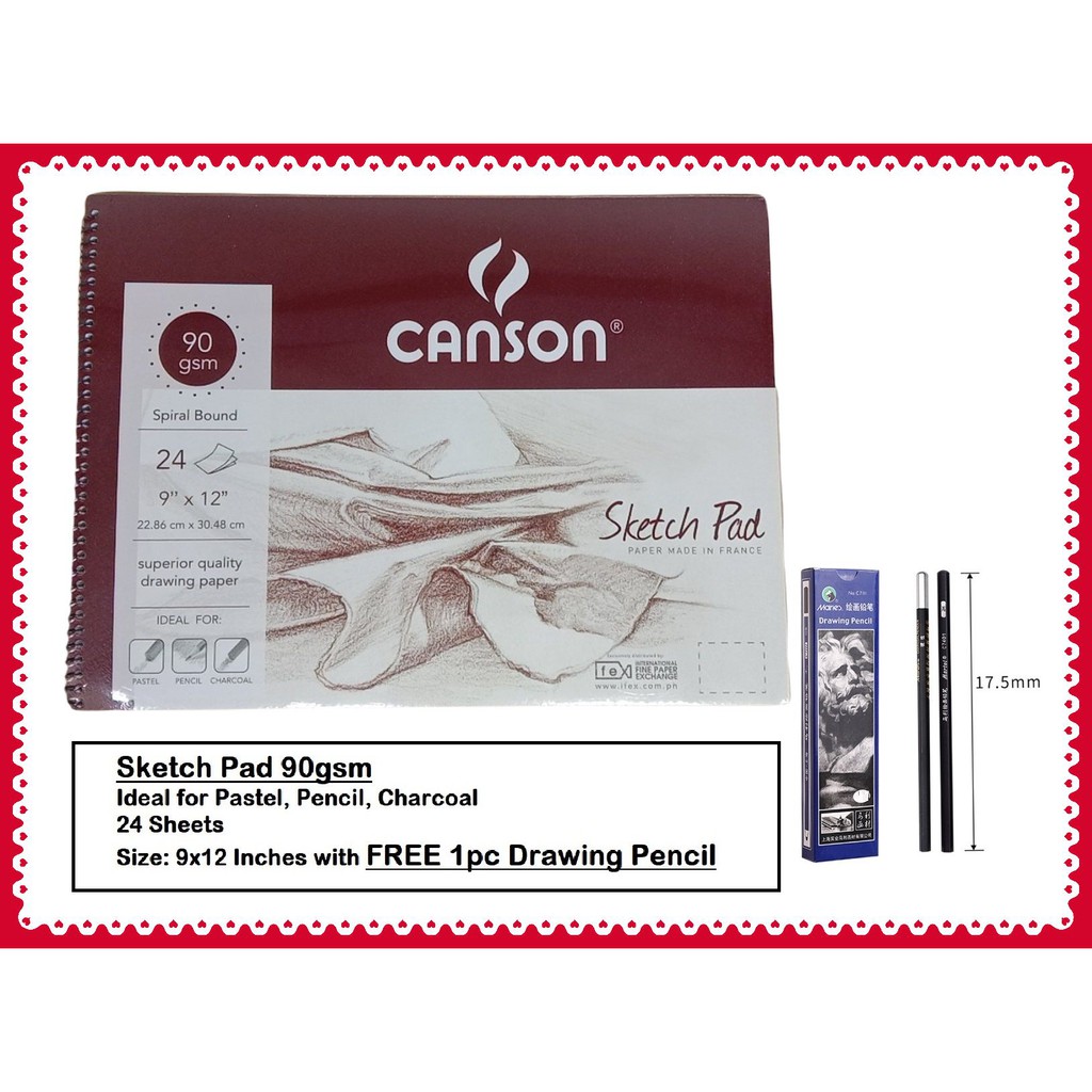 Canson Sketch Pad 24/50 Sheets Size 9x12 Inches with 1pc Drawing Pencil