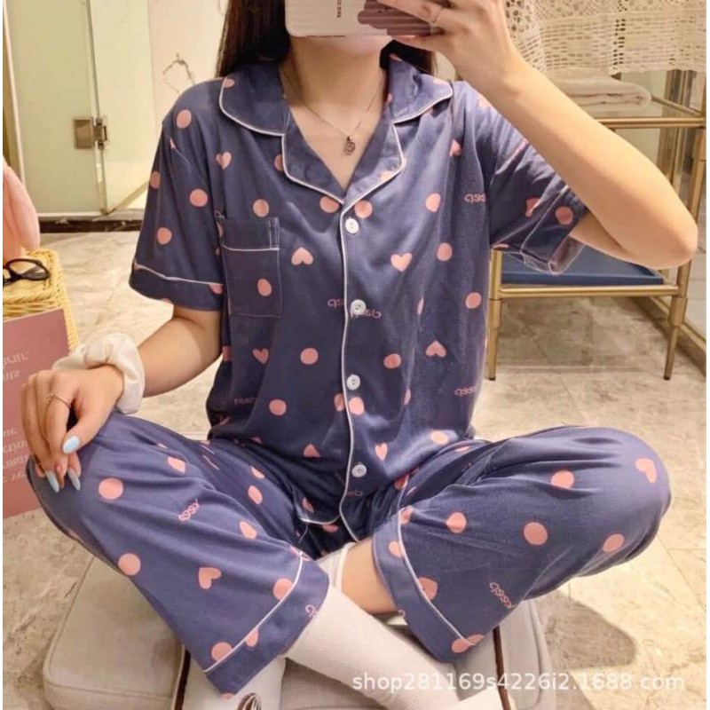 Blue purple Heart polka Sleepwear Shortsleeve Pajama Set Shopee