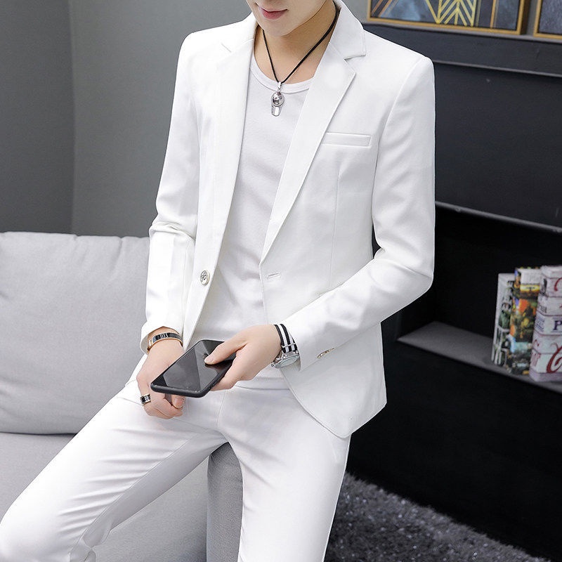 Suit Men's Jacket Korean Version Trendy White Two-Piece Casual Handsome  Small