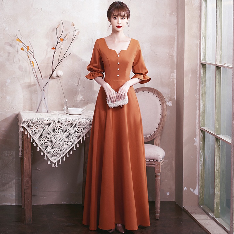 strapless open back dress Burnt Orange Bridesmaid Dresses Chiffon Lace Sleeves Floor Length Brid main image 1