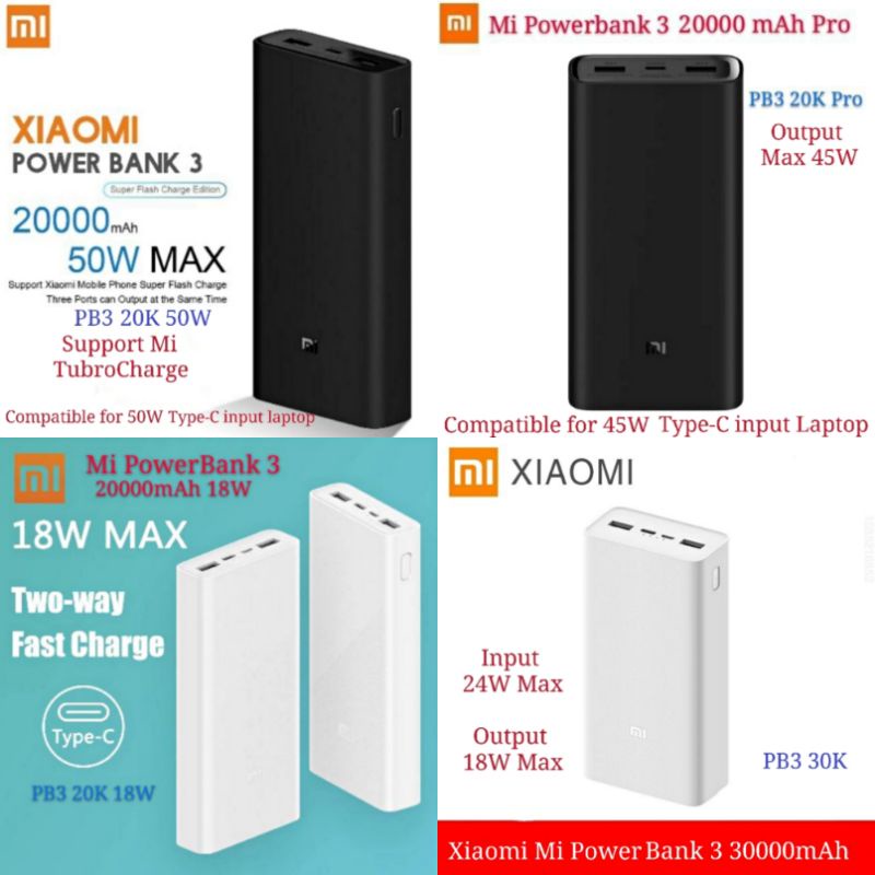 Xiaomi Mi Power Bank 3 30000mAh / 20000mAh Pro 50W 45W 22.5W 18W