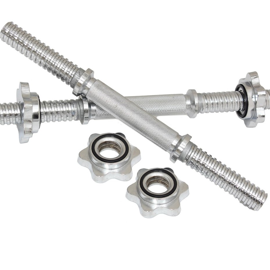 PAIR OF DUMBBELL SHORT BARS WITH LOCKS + CHROME DUMBBELL BAR