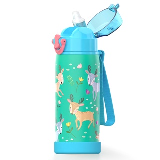 16 oz Insulated Water Bottle with Straw for Kids Durable Stainless Steel &  Leak Proof One Click Open Soft Sipper & Protective Silicone Boot (Unicorn)