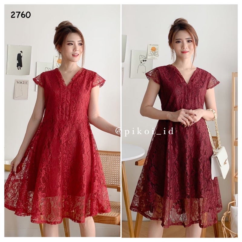 MERAH Maroon red dress for women / cny lace v neck party dress / cute ...