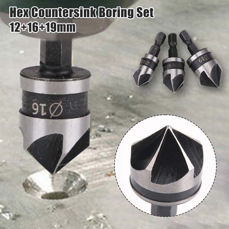 3PCS Countersink Drill Bits Center Punch Set 12/16/19mm Hex Shank 5 Flute Center Punch Tool
