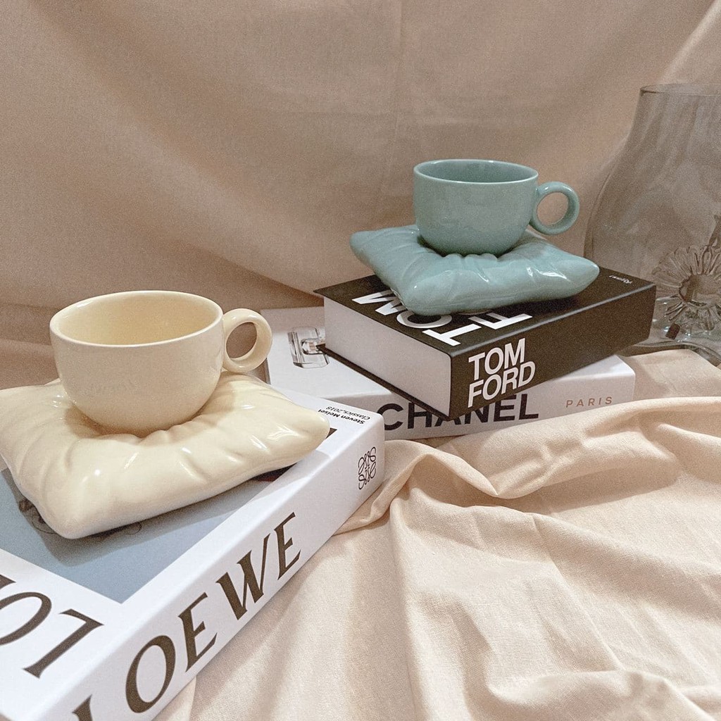 Decorative Pillow Design Cup and Saucer set white blue color