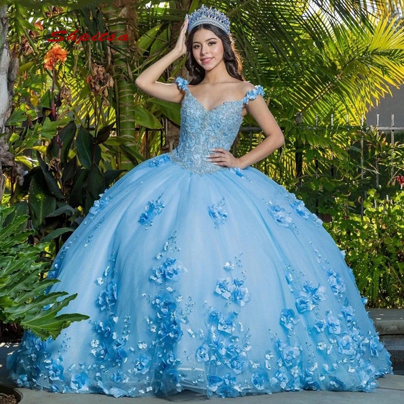 Sky Blue Quinceanera Dresses Plus Size Flower Ball Gown Masquerade Princess Women Girl Corset