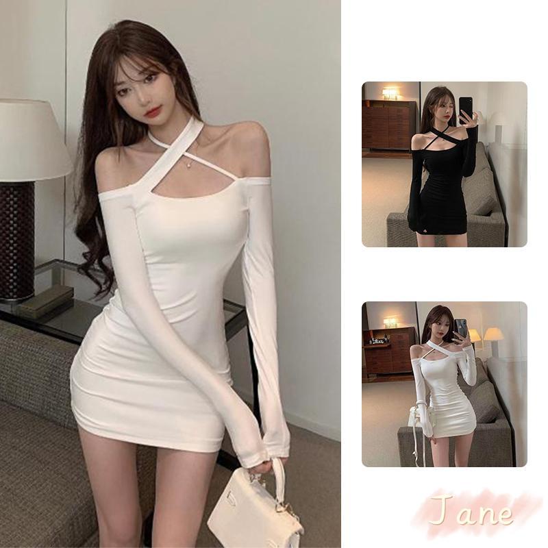 Milk Silk Sexy Horizontal Neck Dress Women's Off-the-shoulder Slim Hip ...