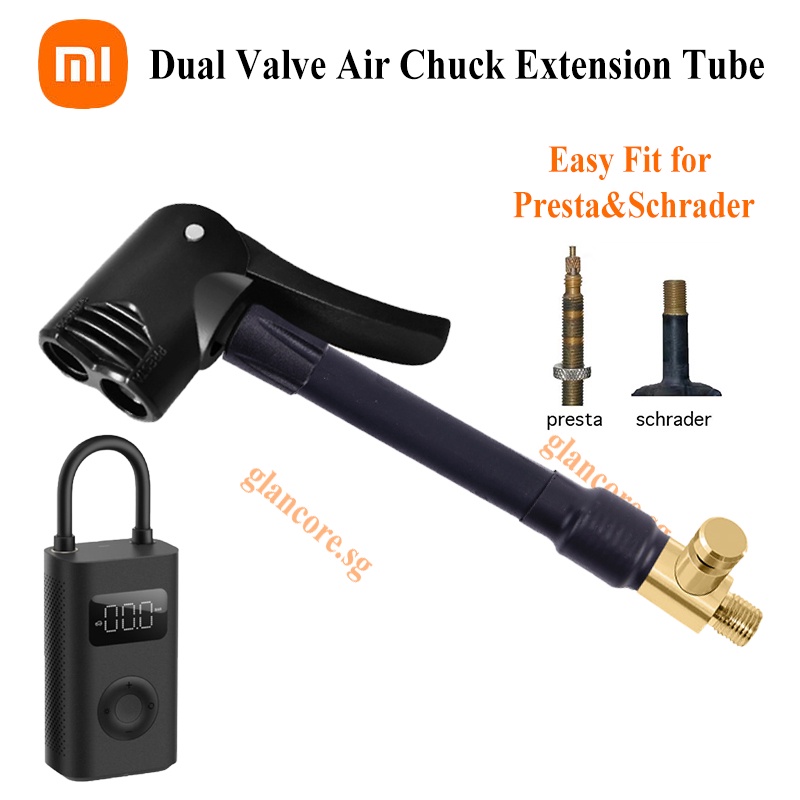 Presta and Schrader Dual Valve Pump Adaptor, Extension Hose with Locking Air Chuck for Lock On