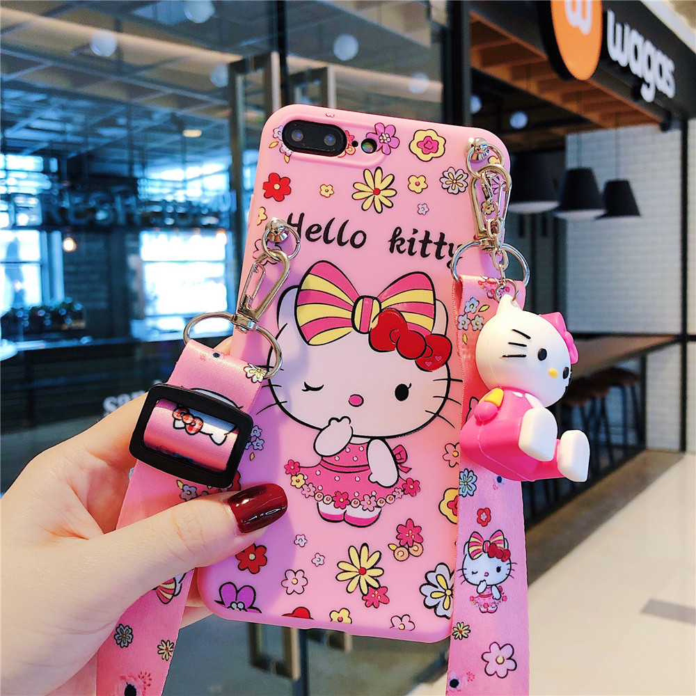 Soft Silicone Phone Cases For OPPO A3S A5 A5S A7 A12E A12 A79 F5 F7 F9 A7X  Casing Cartoon Hello Kitty Toy Phone Holder Stand Wrist Strap Cover