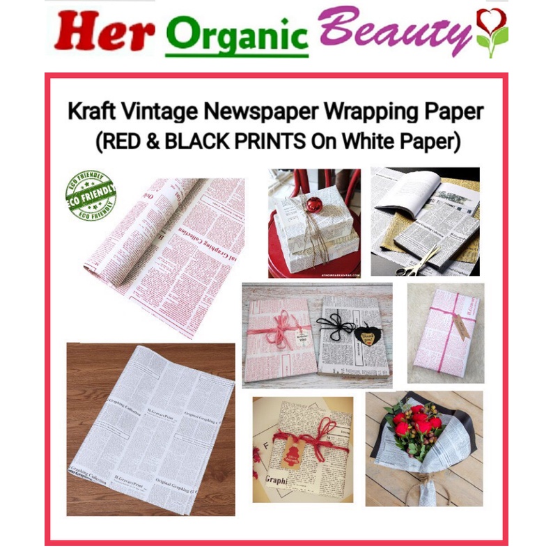 Kraft Vintage Newspaper Wrapping Paper (RED & BLACK PRINTS On White