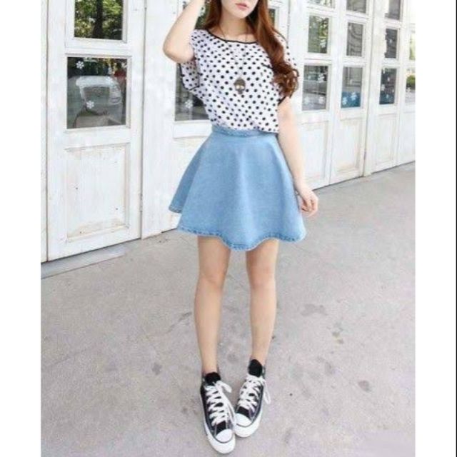 Blue denim clearance skater skirt outfit