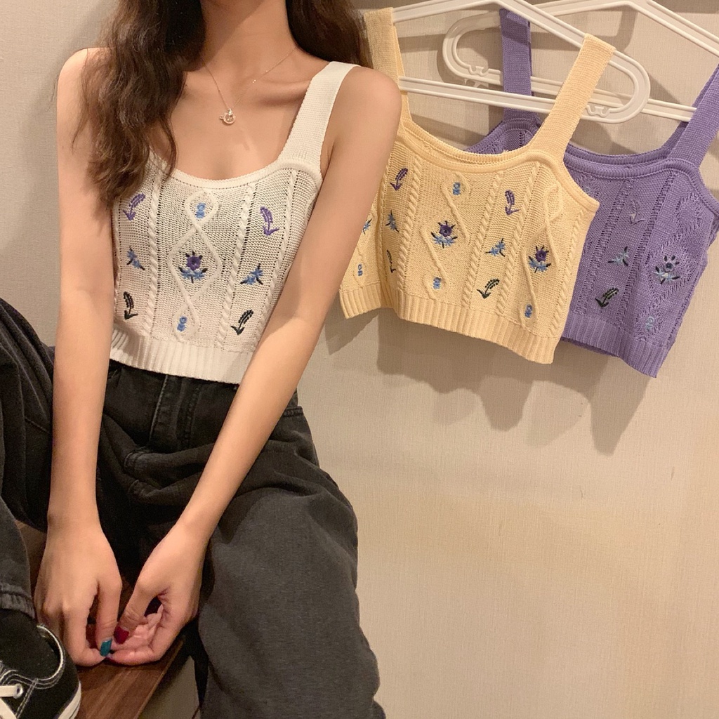 [Spots Goods]Korean Top Women's Sexy tops Floral Embroidery Slim ...