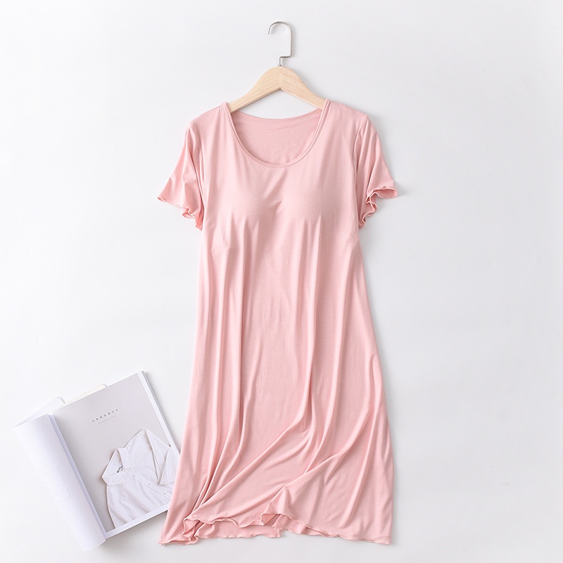 korea summer Soft Pajamas with chest pads women thin pure color nightdress long overknee